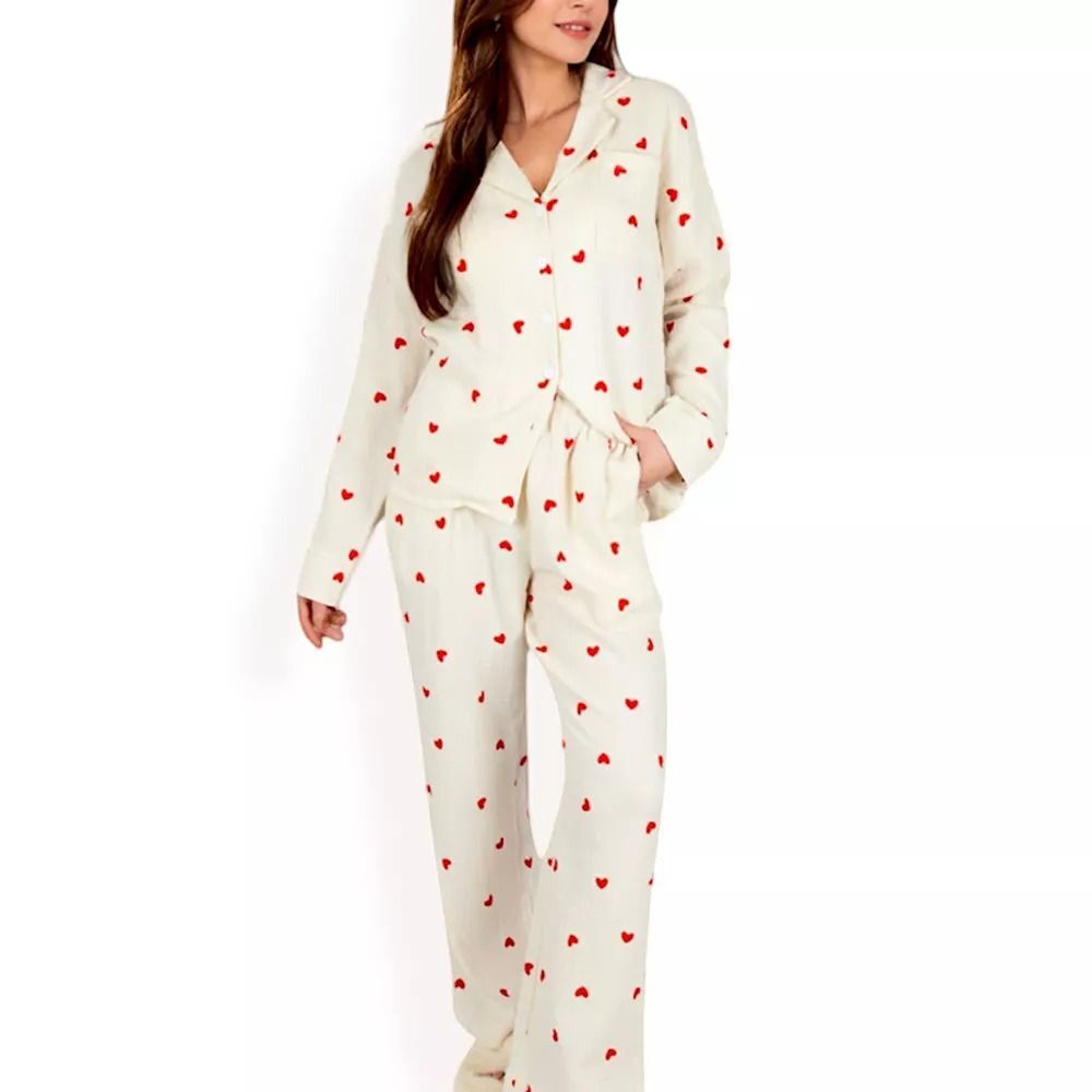 Anna-Kaci Lounge Women's Heart Print  2-Piece Pajama Set with Long Sleeve Small